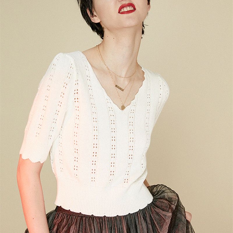Summer new style Korean style V-neck temperament solid color versatile hollow knitted short top T-shirt women's slim slimming women's short sleeves