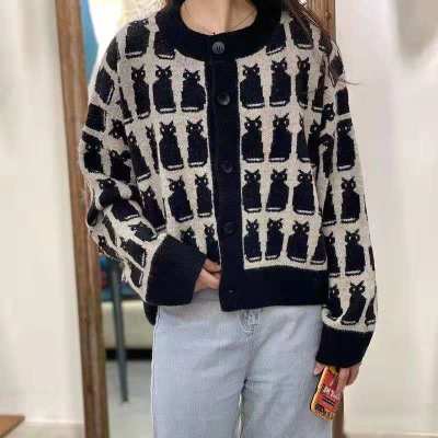 2024秋季新款小貓圓領外套開衫女裝針織打底衫薄款網紅洋氣