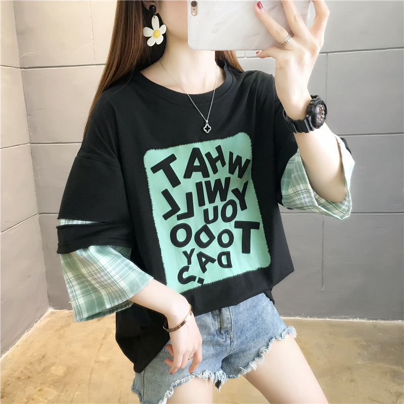 實拍6535棉包領好質量閨蜜裝排球服假兩件短袖T恤女