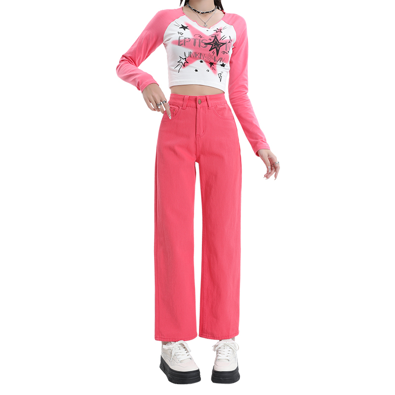 實拍2024春季休閒窄版闊腿刺繡牛仔女