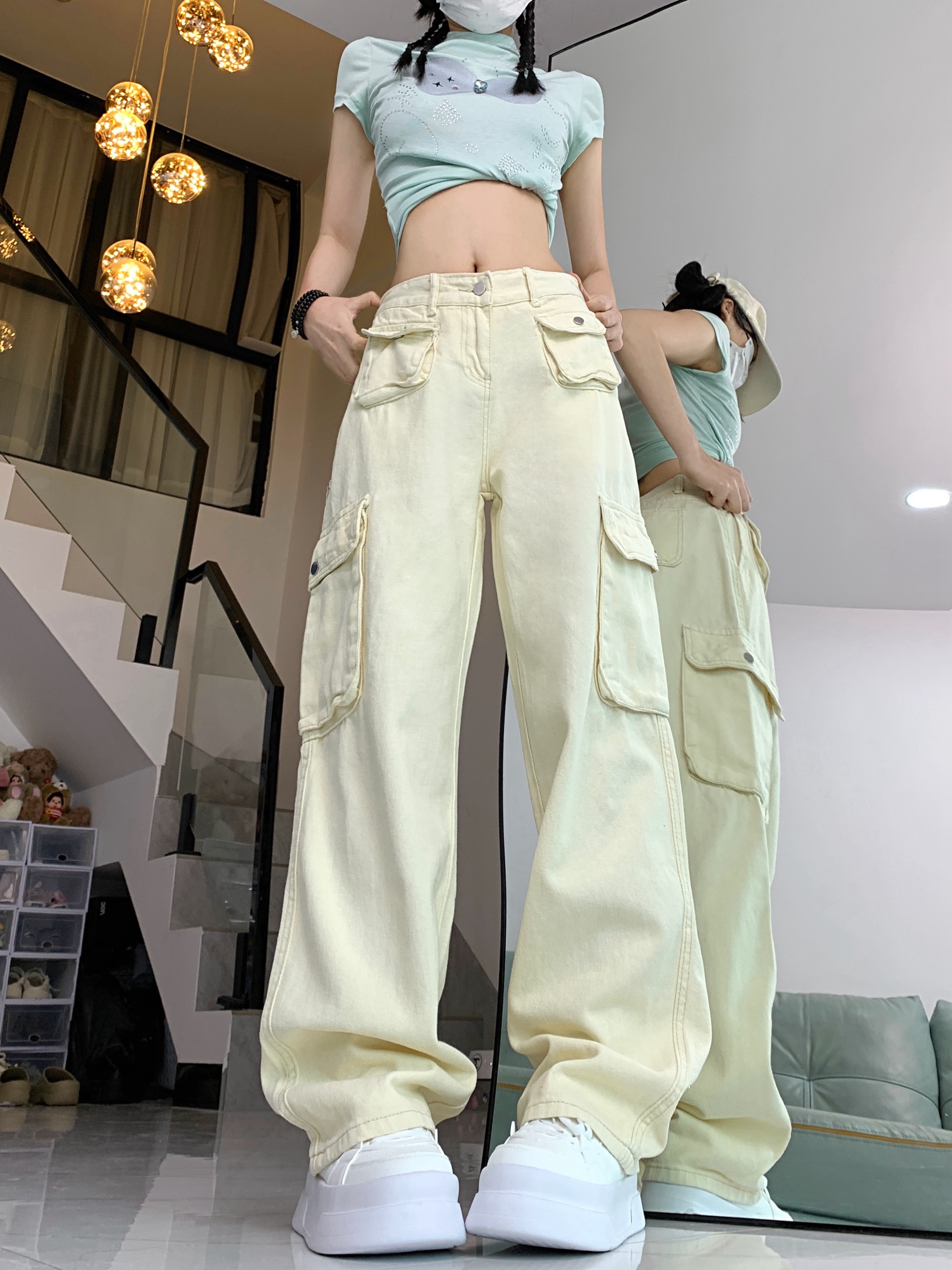 實拍工裝褲女款多口袋高腰闊腿牛仔長褲女小眾設計感潮