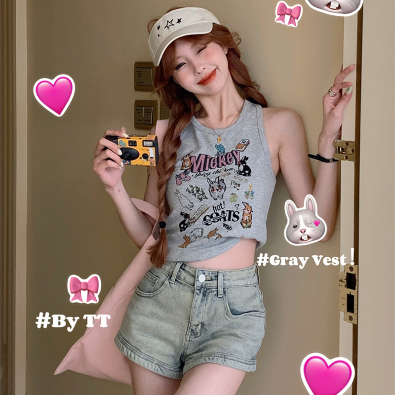 酷乖拽妹簡約百搭潮流上衣夏季假日海灘卡通印花減齡夏季背心女