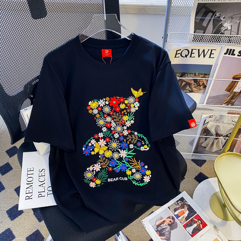 首發實拍 200克純棉後包領特大碼300斤重工刺繡小眾正肩短袖t恤女
