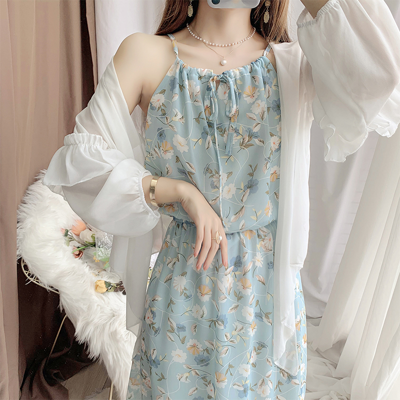 原版做工碎花吊帶連衣裙顯瘦修身印花兩件套沙灘度假長裙子夏季