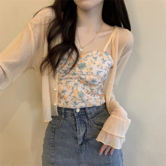 Real shot new version summer French off-the-shoulder floral undershirt + long-sleeved sun protection knit cardigan 