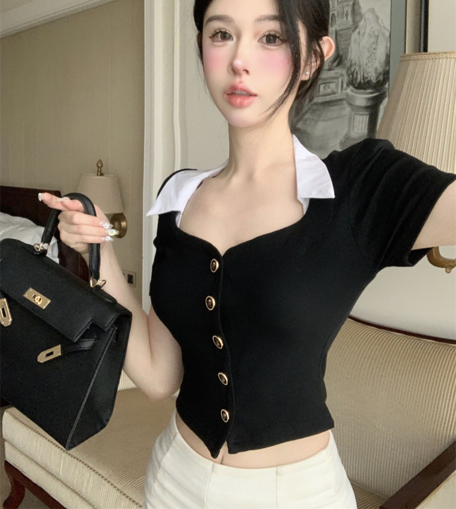 純欲甜辣妹性感顯胸短款上衣女夏季設計感小眾polo領鎖骨短袖t恤