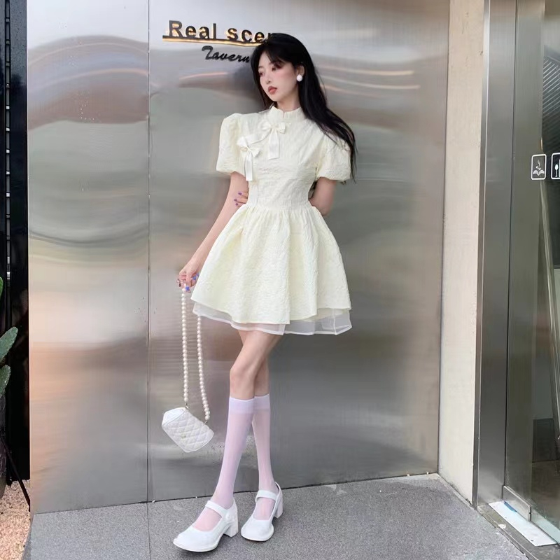 高級感連衣裙2024夏季新款短袖少女改良版旗袍裙高腰蓬蓬短裙子