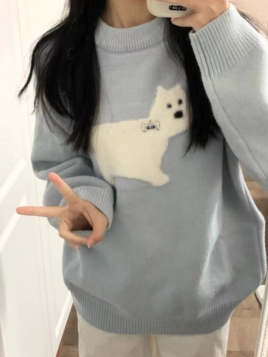 淺藍色圓領毛衣女款秋冬新款可愛小狗套頭針織衫毛衫外套