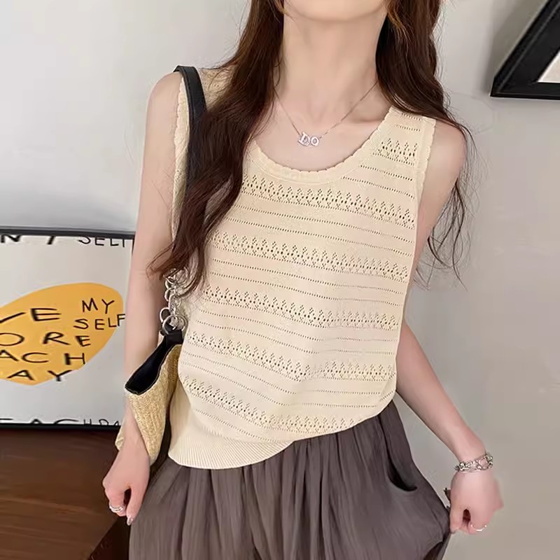 Ice silk knitted camisole women's inner wear summer design niche outer wear French hollow waistcoat sleeveless short top
