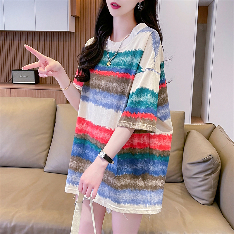 實拍2024夏季26支精梳純棉扎染百搭寬鬆上衣印花T恤女