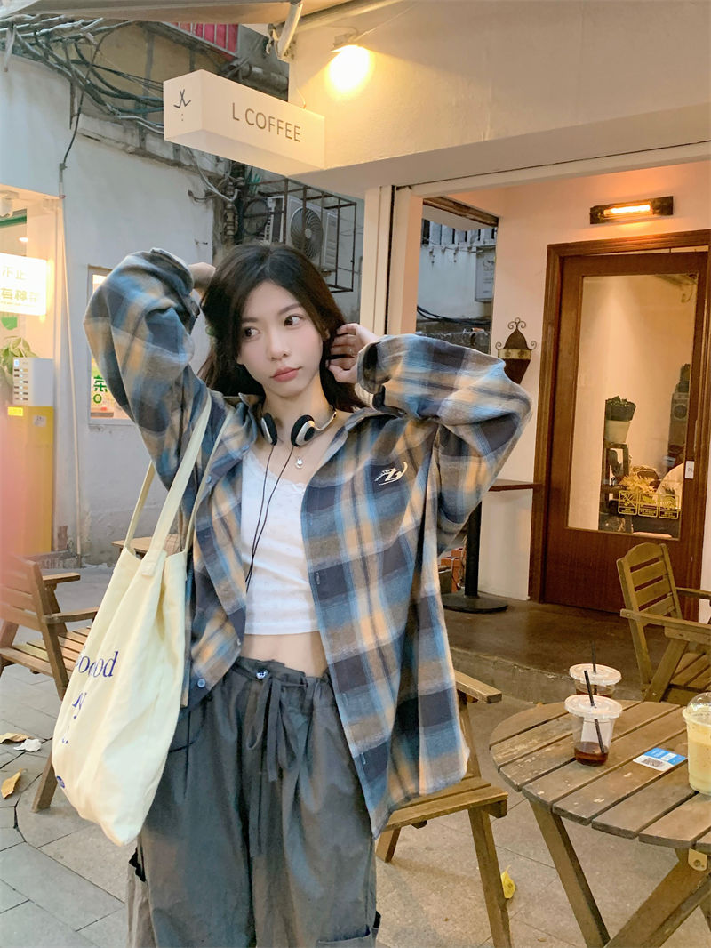 格子衣女原宿風2024新款夏季薄款寬鬆日系襯衫長袖上衣外穿防曬衫
