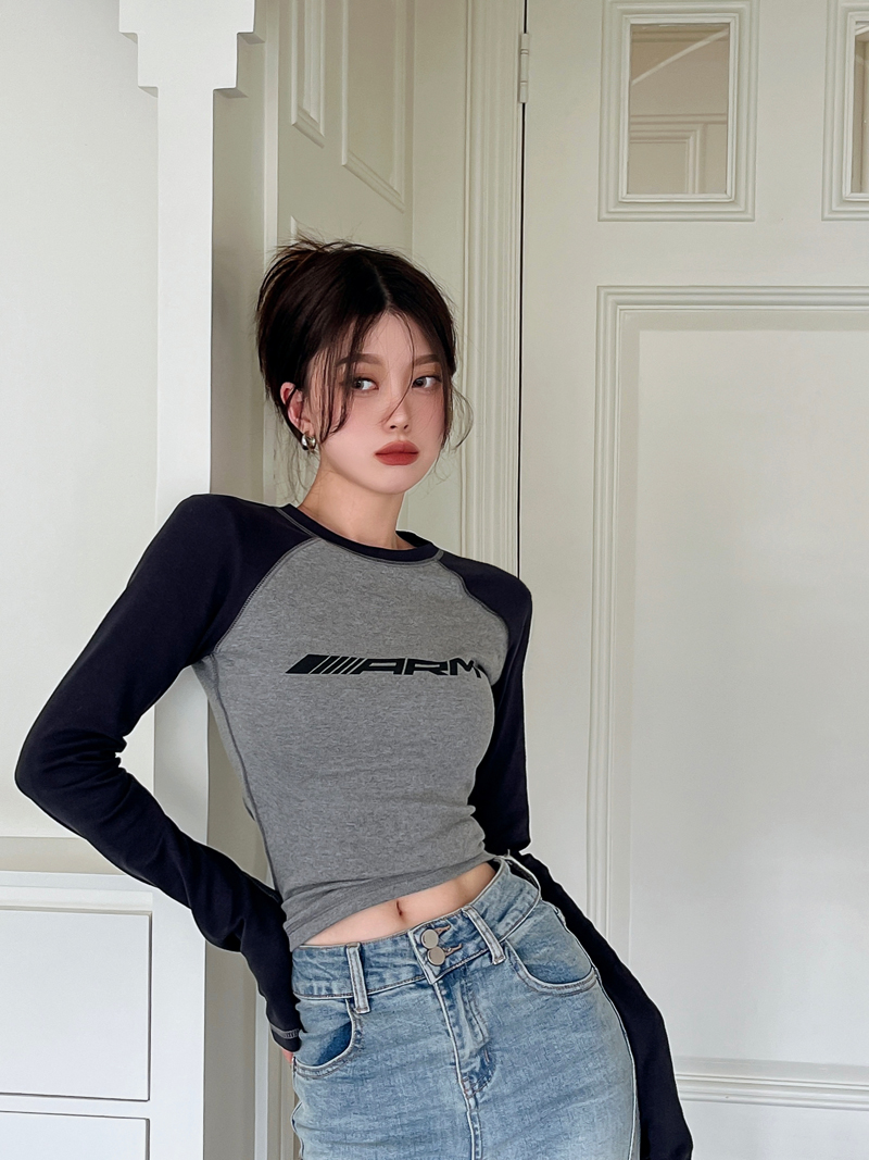 實拍復古拼色插肩袖修身長袖t恤女設計感撞色上衣潮