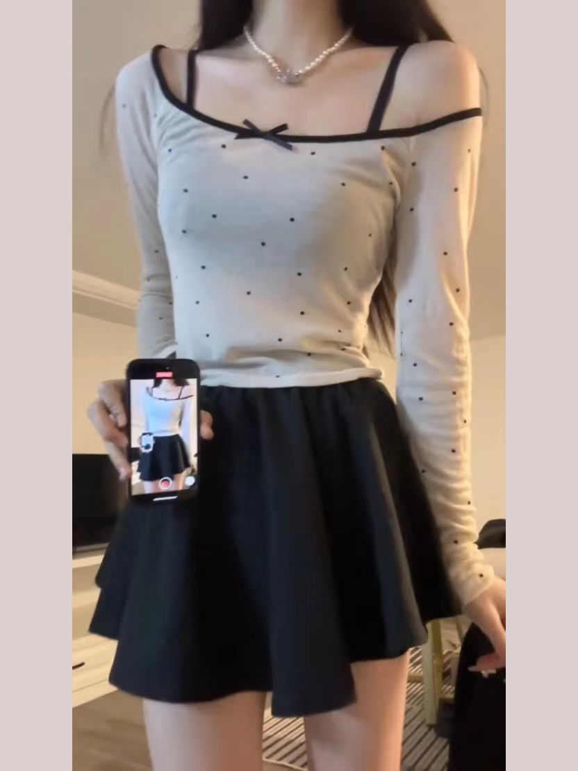 法式波點修身微透性感長袖上衣女韓版U領純欲打底衫兩件套防曬衣