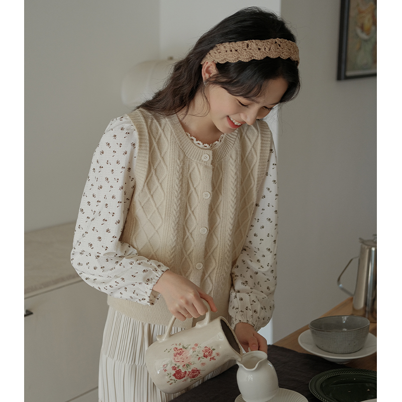實拍韓系復古麻花無袖開衫針織馬甲學院風疊穿背心春季百搭馬夾