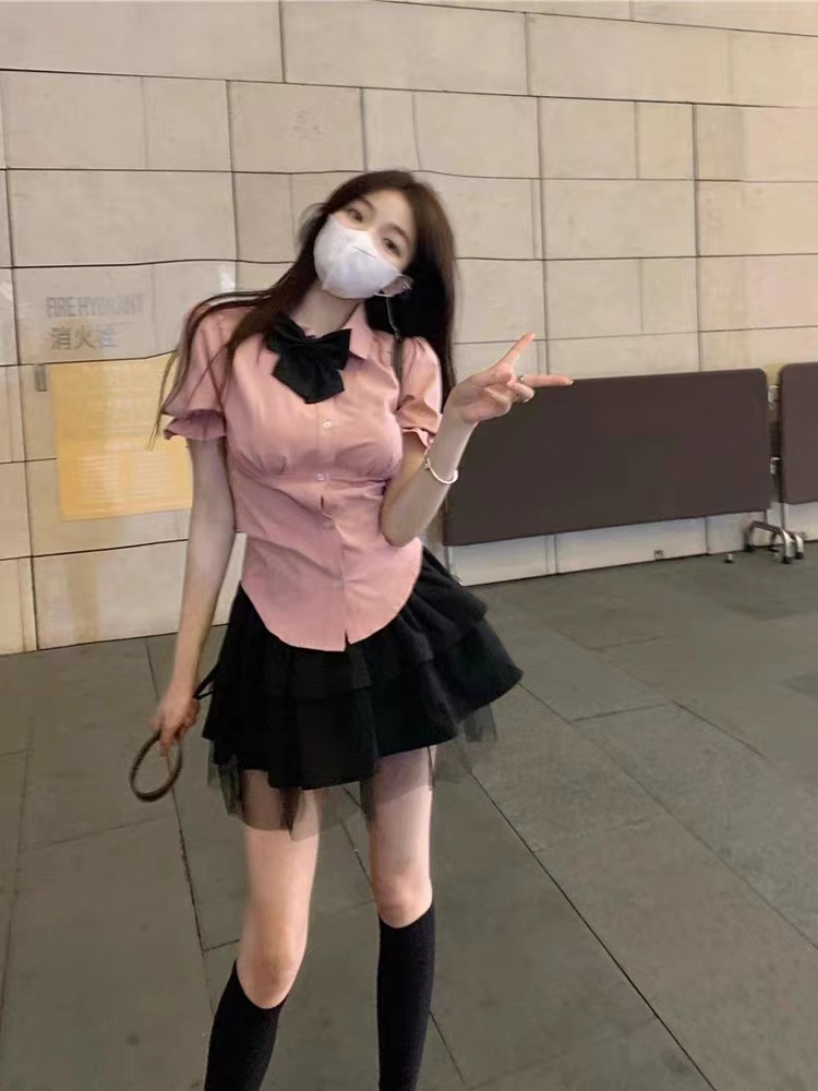 小個子套裝學院風短裙半身裙夏季裙子日系JK制服短款襯衫女兩件套