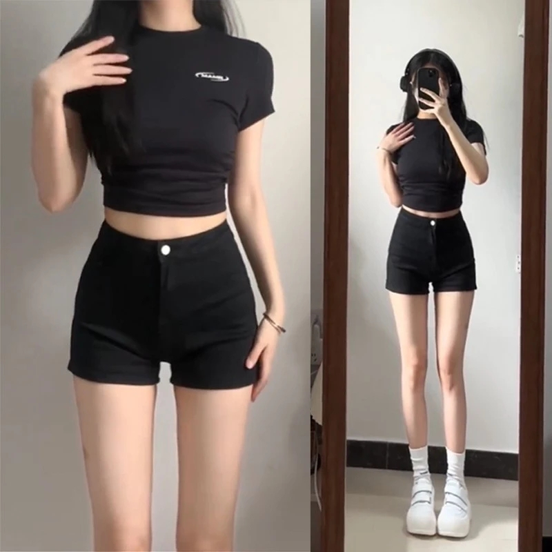 黑色高腰牛仔短褲女2024春夏新款洋氣百搭辣妹顯瘦緊身a字熱褲子
