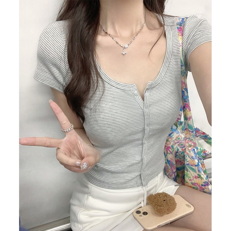 實拍正肩夏季純棉條紋開衫T恤女bm風修身短袖純欲風短款上衣