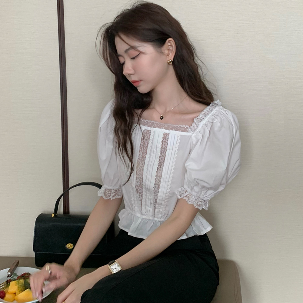 實拍 法式精美蕾絲拼接減齡方糖領泡泡袖短款襯衫上衣