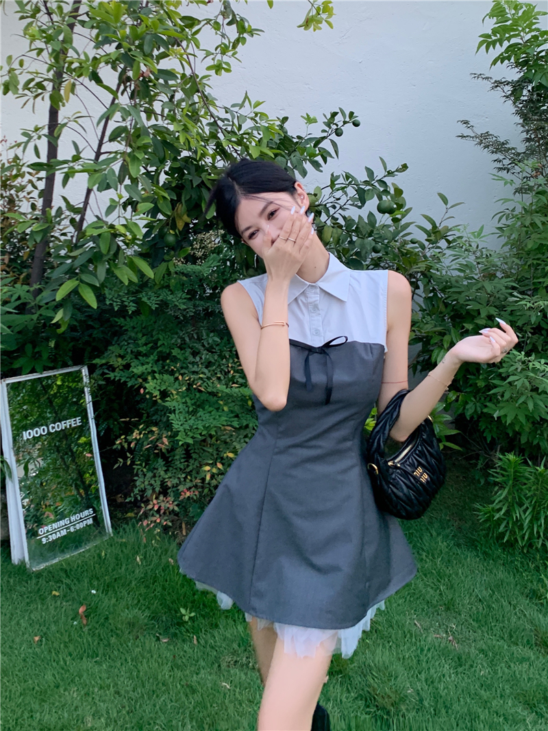Real shot~college style color-blocked lady dress with waisted sexy temperament hot girl polo shirt skirt
