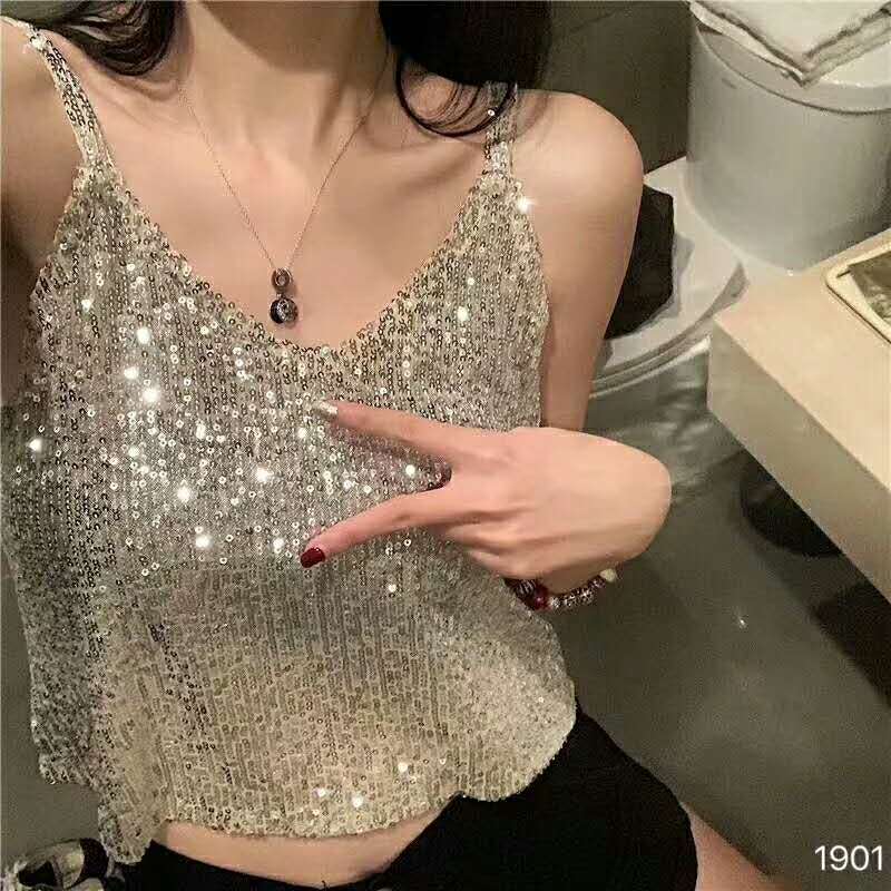 mschf吊帶外穿潮蹦迪2024春夏新款金光閃閃亮片背心女內搭性感女