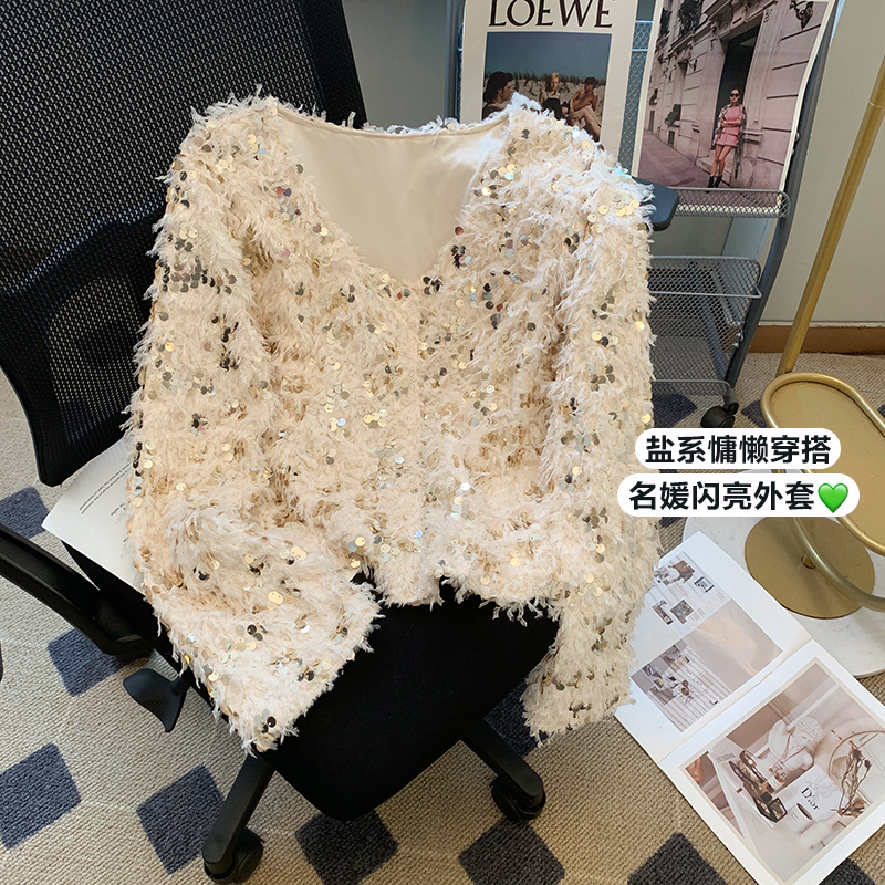 2024春款復古法式亮片小香風名媛開衫女短外套高級感上衣潮