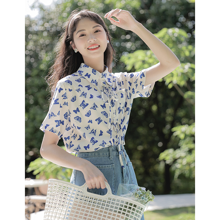 實拍系帶蝴蝶印花襯衫女夏薄款2024新款設計感小眾碎花上衣
