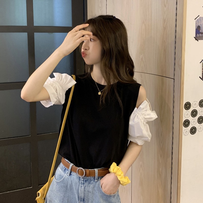夏季新款小心機露肩設計感2024短袖T恤女裝寬鬆薄款白色辣妹上衣