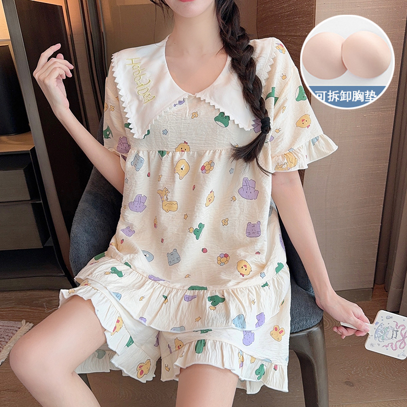 實拍夏季韓版新款睡衣女梭織雲朵棉公主風短袖短褲甜美家居服套裝