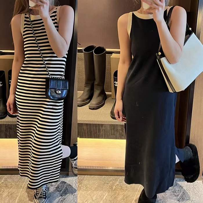 Fashionable women's round neck contrasting color temperament sweet and spicy hip skirt summer waist slimming mid-length suspender dress