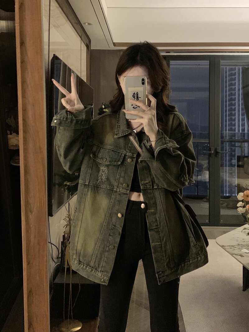 美式復古做舊破洞牛仔外套女春季2024新款寬鬆中長款炸街夾克上衣
