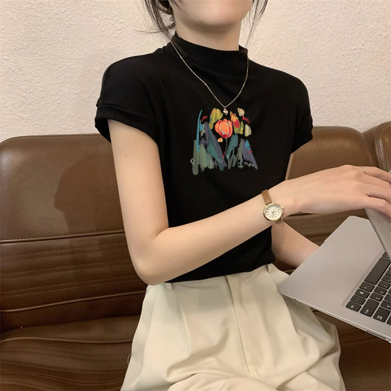 黑色半高領短袖針織女夏季時尚印花修身顯瘦正肩體恤打底辣妹上衣