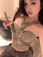 短款金屬扣性感辣妹掛脖背心女裝春夏收腰緊身內搭打底衫氣質上衣