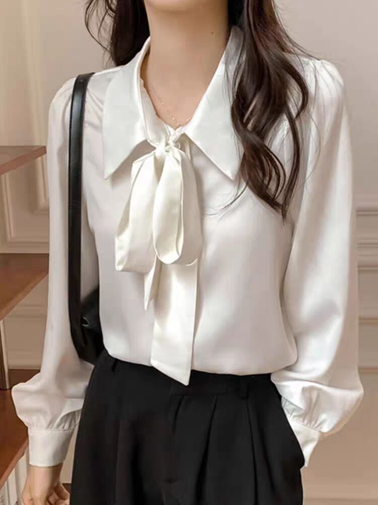 燈籠袖蝴蝶結襯衫內搭襯衣女正裝系帶設計感職業上衣
