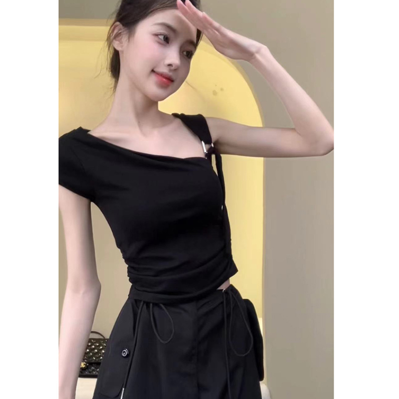 天貓質量單肩設計感短袖T恤女夏季白色修身短款性感露背上衣