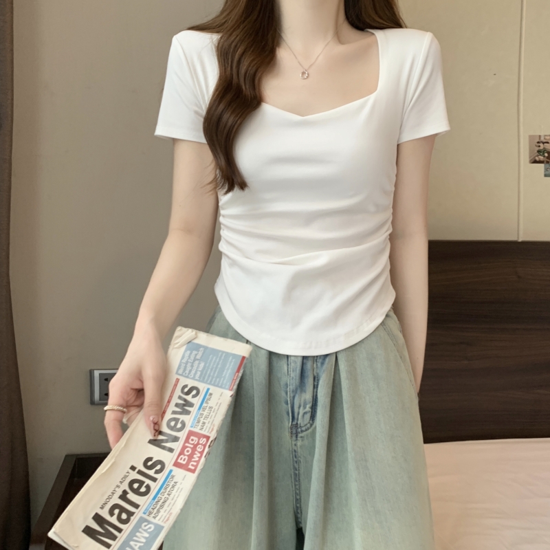 實拍  40支純棉 2024夏裝褶皺修身桃心領短袖T恤女鎖骨