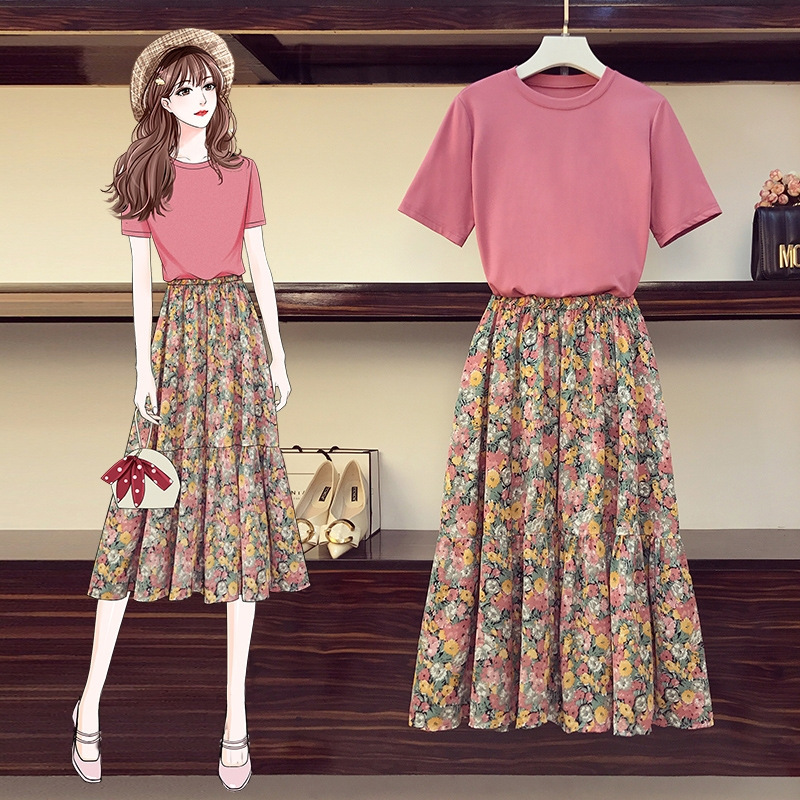 Cotton plus size women's clothing for fat girls 2024 summer age-reducing, flesh-covering, slimming floral skirt two-piece set
