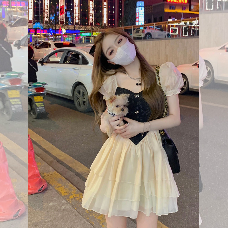 法式初戀甜美泡泡袖小個子連衣裙女夏季小眾設計高級感蛋糕短裙子