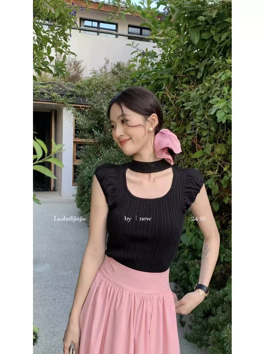 2024夏季新款掛脖無袖背心內搭女高級感甜辣妹掐腰別致絕美小上衣