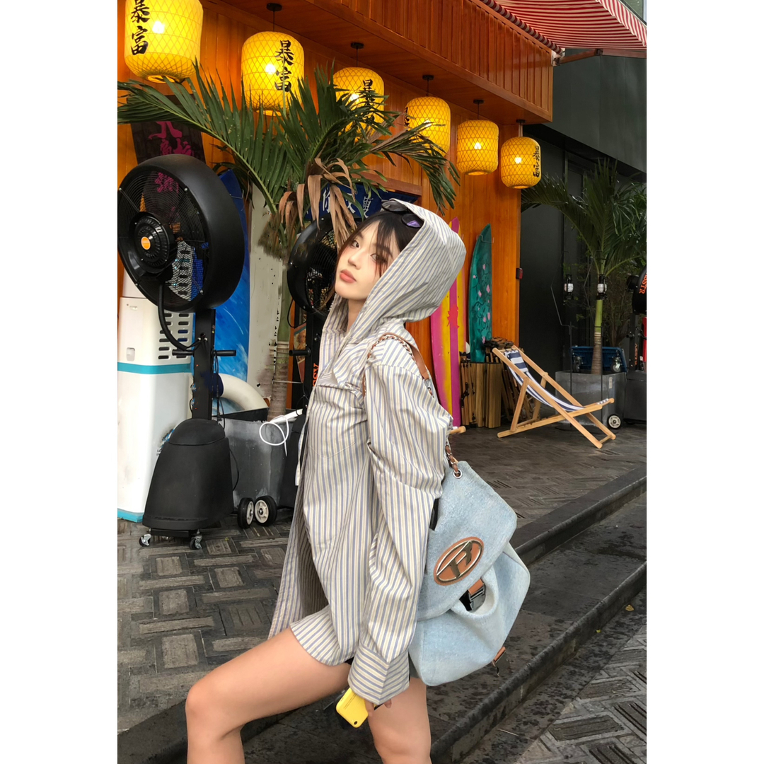 韓版連帽條紋襯衫女春秋長袖襯衣外套設計感寬鬆bf中長款別致上衣