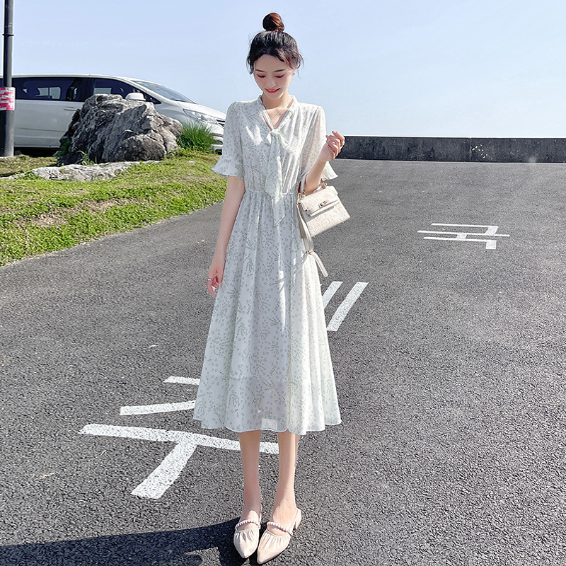 Light green small fresh floral chiffon dress new summer waist slimming British style a-line skirt British style