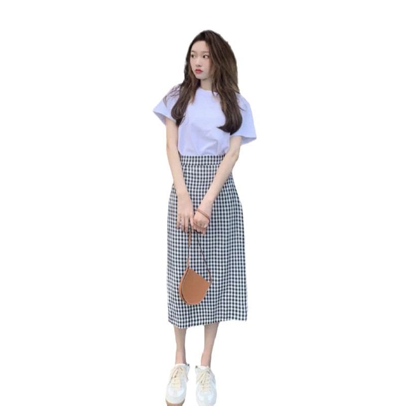 夏季2024新款小格子開叉半身裙女