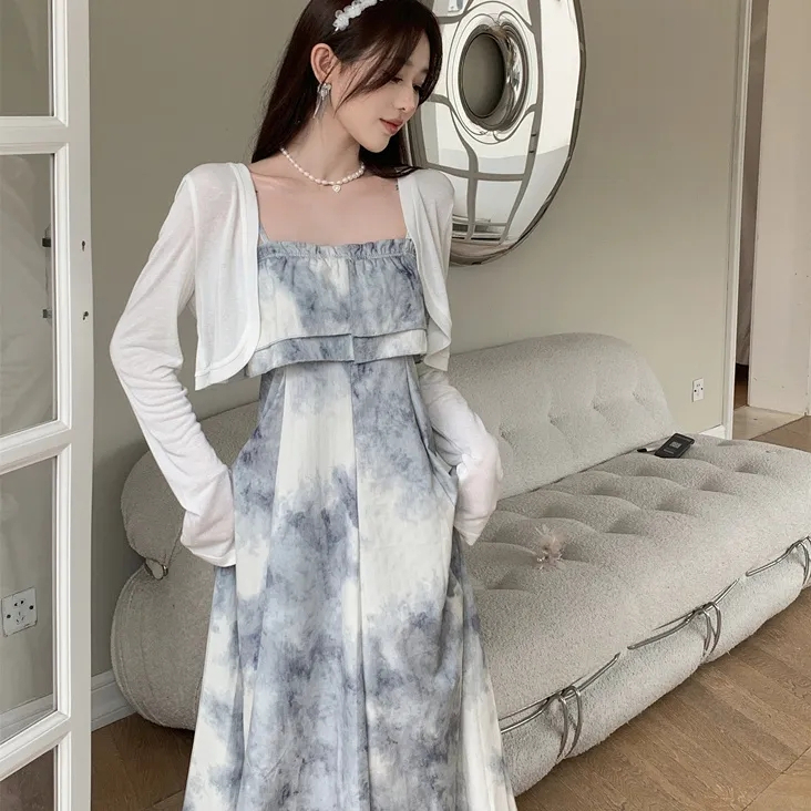 Large size ink smudged dress fat mm sexy tube top suspender skirt gentle wind light luxury long skirt women summer