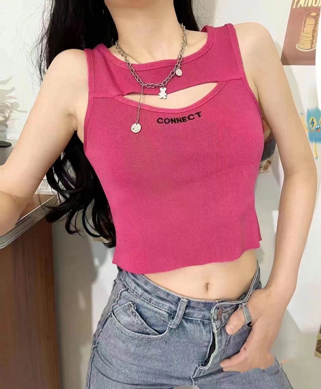 辣妹性感無袖背心女夏季印花鏤空修身抽繩小吊帶T恤法式上衣