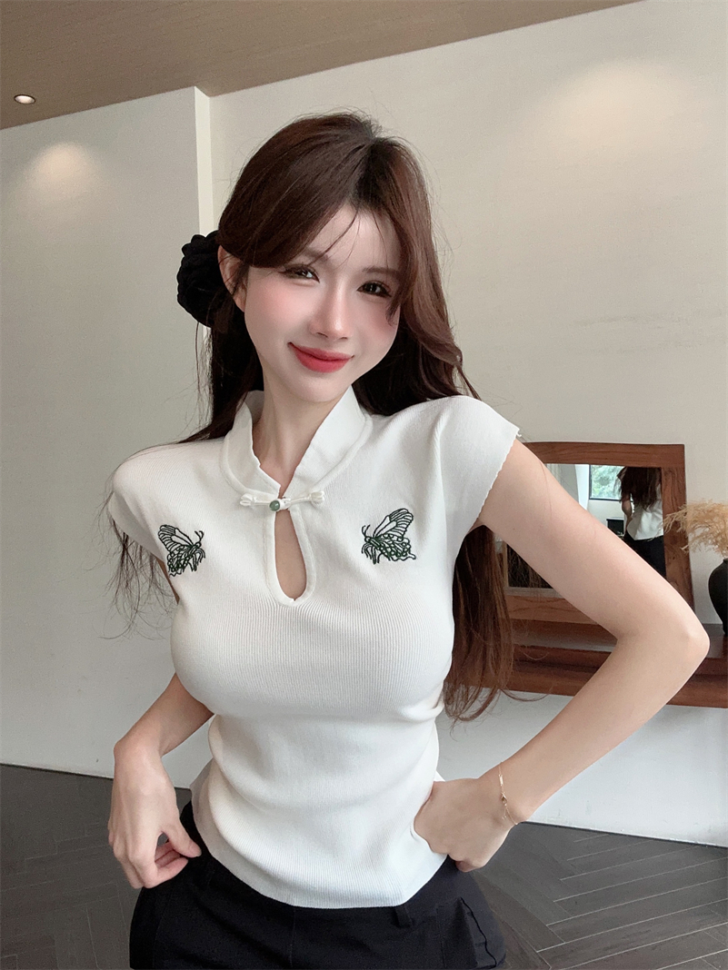 實拍 新中式國風蝴蝶刺繡盤扣短袖T恤女小眾氣質修身上衣