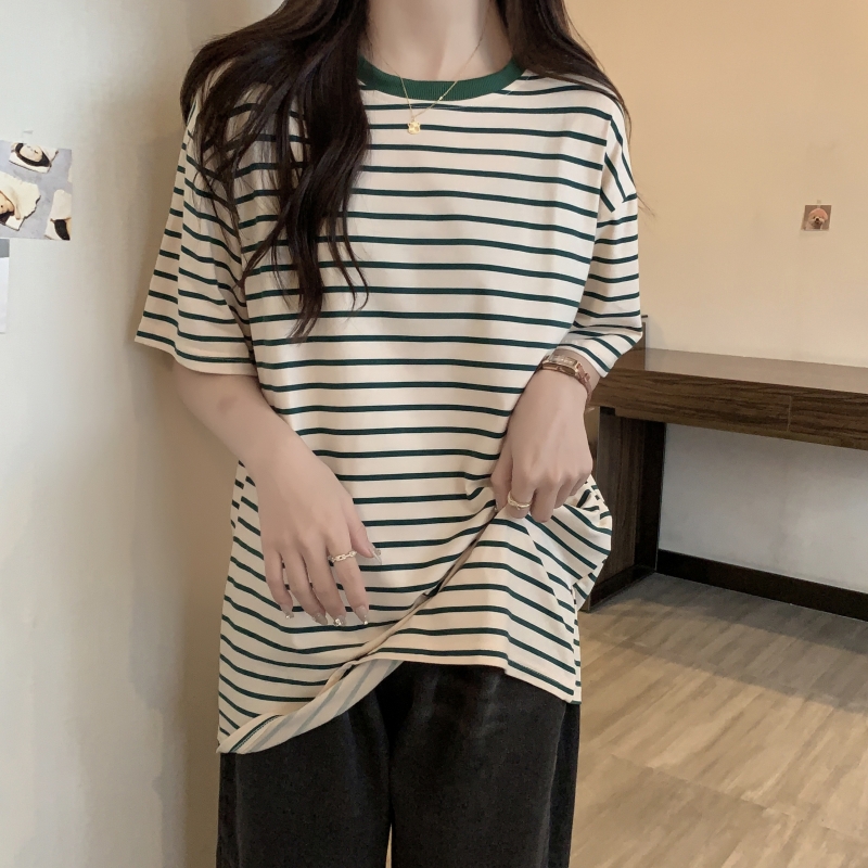 實拍  6535拉架 夏裝 中長款寬鬆綠色條紋短袖T恤女