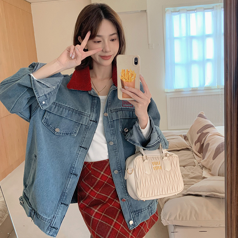實拍韓國東大門牛仔襯衫外套女春秋季寬鬆減齡獨特上衣翻領襯衣潮