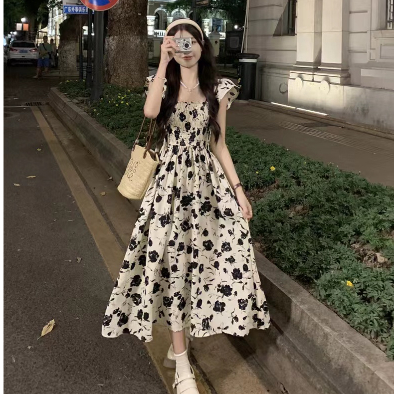 超仙森系連衣裙夏季新款小飛袖甜美氣質溫柔風法式碎花中長裙
