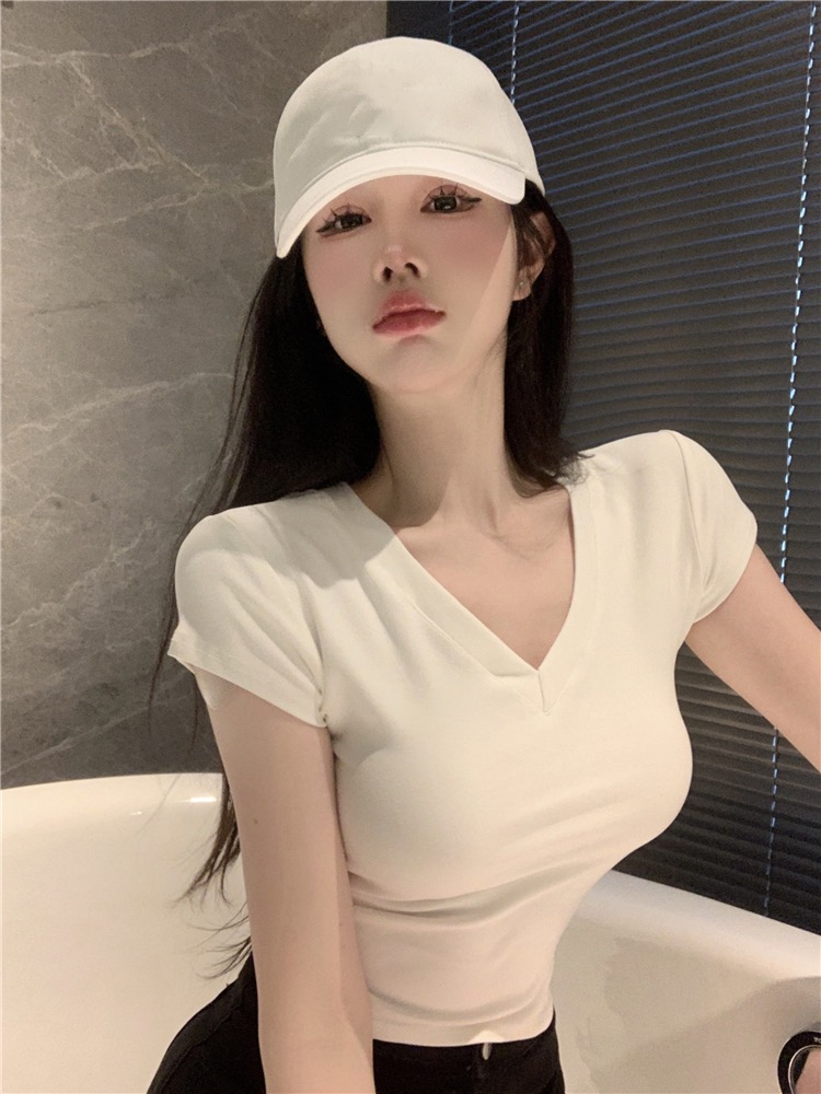 210克純棉螺紋   純棉正肩V領白色短袖t恤女夏