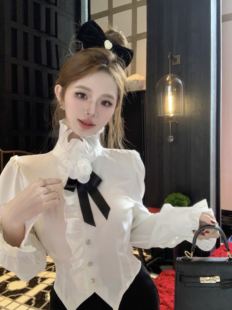 實拍 法式小香風泡泡袖緞面白色襯衫女春季半高領襯衣內搭上衣