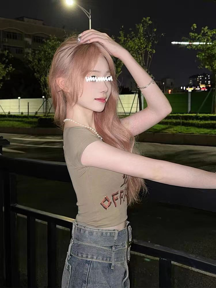 40支純棉螺紋辣妹方領T恤女夏季新款短款顯瘦短袖設計感小眾上衣